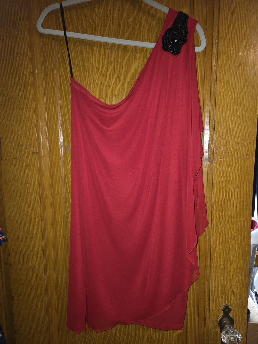 Sweet Storm Red One-Shoulder Draped Dress with Beaded Accent- Size L